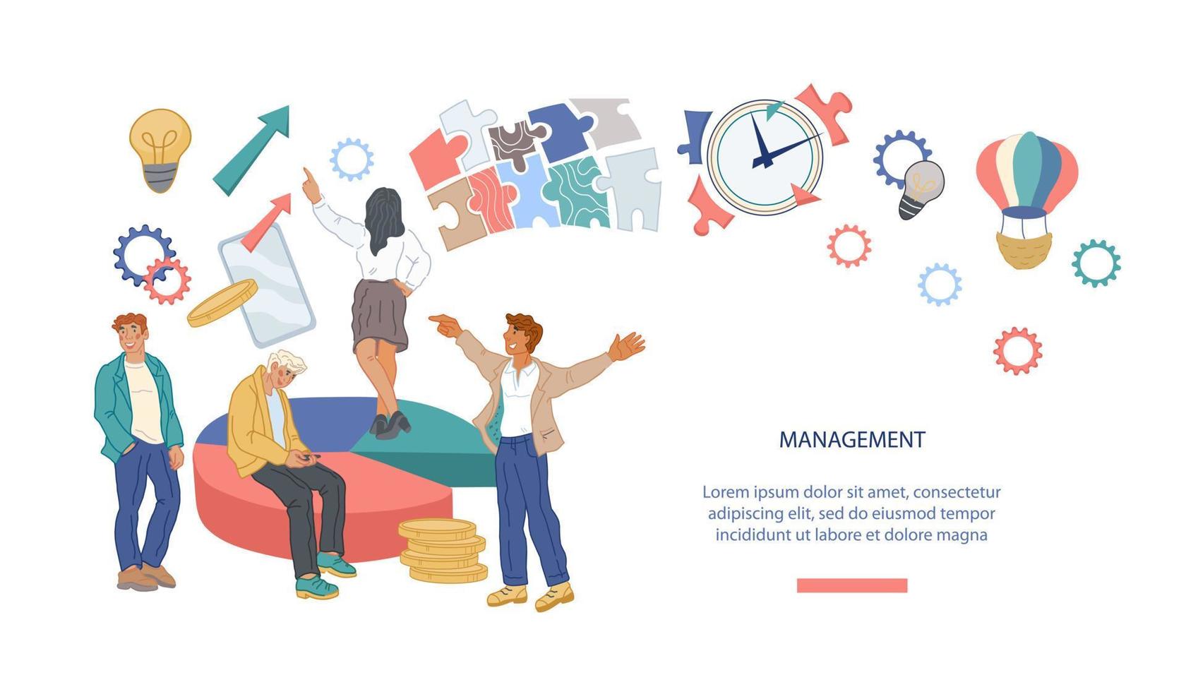 Efficient management and workflow organization website banner with business people. Teamwork brainstorming meeting process landing page background template. Vector illustration.