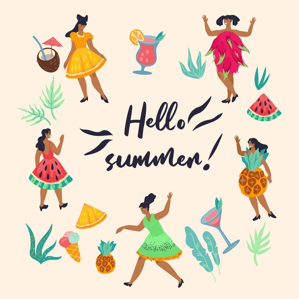 Hello summer banner or poster template with fantasy dressed as tropical fruits women. Cocktail party summer season invitation background. Flat vector illustration.