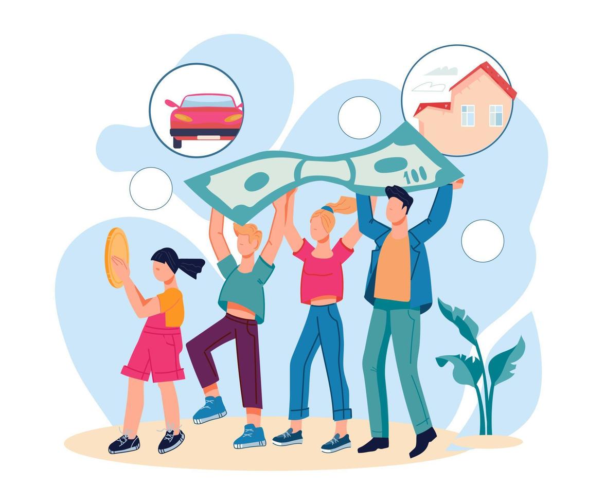 Family savings and money economy with parents and children carrying banknote. Bank saving program for family and private clients. Financial stability and growth. Cartoon vector illustration isolated.