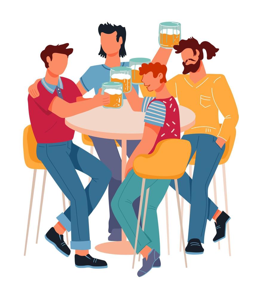 grupo de amigos bebiendo cerveza y divirtiéndose juntos ilustración vectorial plana aislada en el fondo. gente, personajes de dibujos animados de hombres en la fiesta o reunión de amigos en el pub, bar brindando con jarras de cerveza. vector