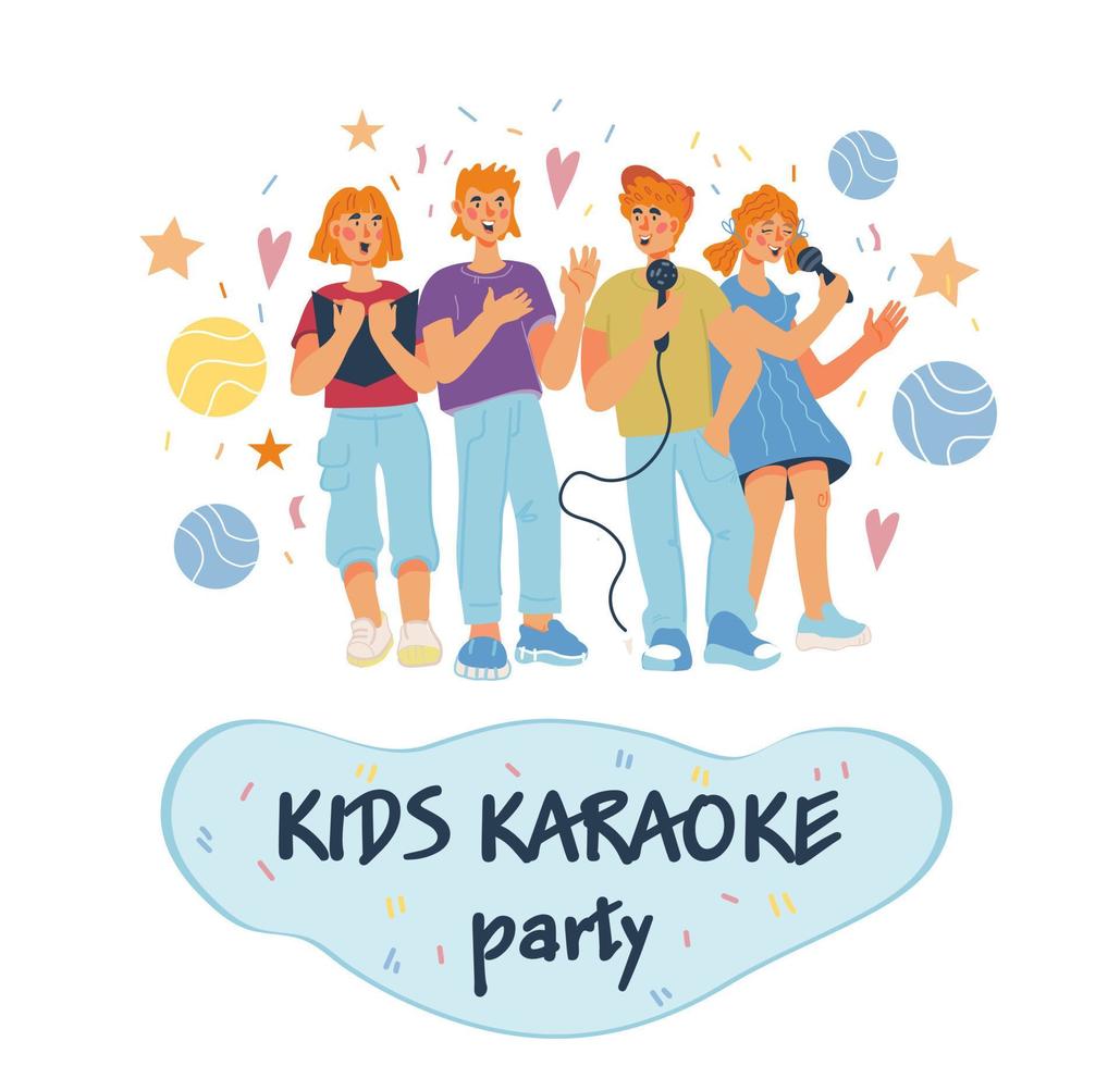 banner de fiesta de karaoke para niños o plantilla de afiche con niños cantando. interpretación musical y vocal o competición. educación musical infantil. ilustración vectorial plana. vector