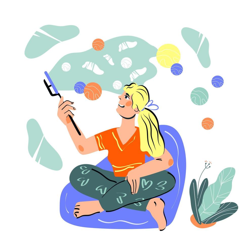 Live streaming and radio broadcast concept with woman cartoon character, blogger leading social media podcast. Interview and network radio transmission. Cartoon vector illustration.