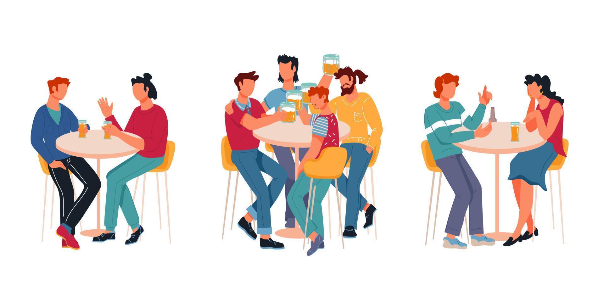 People cartoon characters, friends and couples in restaurant or pub, bar drinking beer and spending leisure time together. Friendly beer party, festival scene. Flat vector illustration isolated.