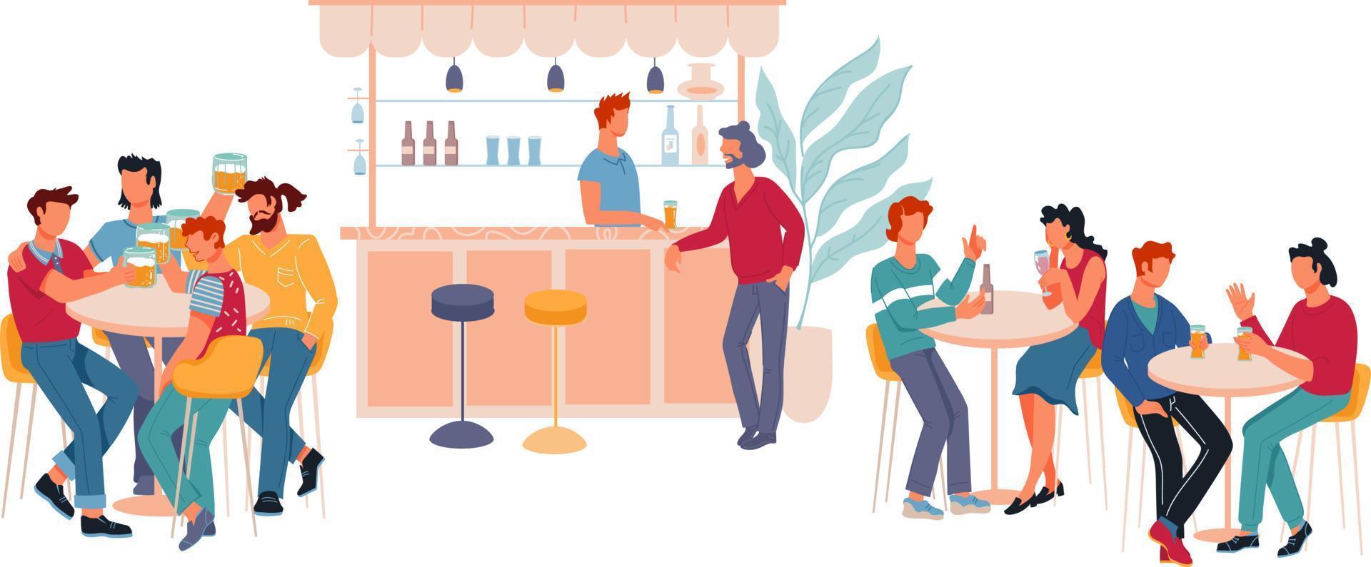 Restaurant or bar interior with cartoon people characters sitting at tables and drinking beer. Pub with visitors talking and toasting with alcoholic beverages. Flat vector illustration isolated.