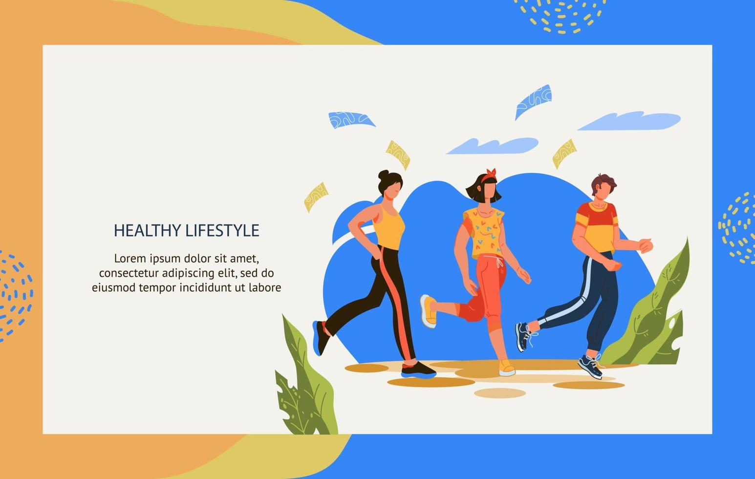 plantilla de banner de estilo de vida saludable con gente corriendo o trotando en el parque. Estilo de vida activo y actividad física. ejercicio deportivo para la salud y la longevidad. ilustración vectorial de dibujos animados plana. vector