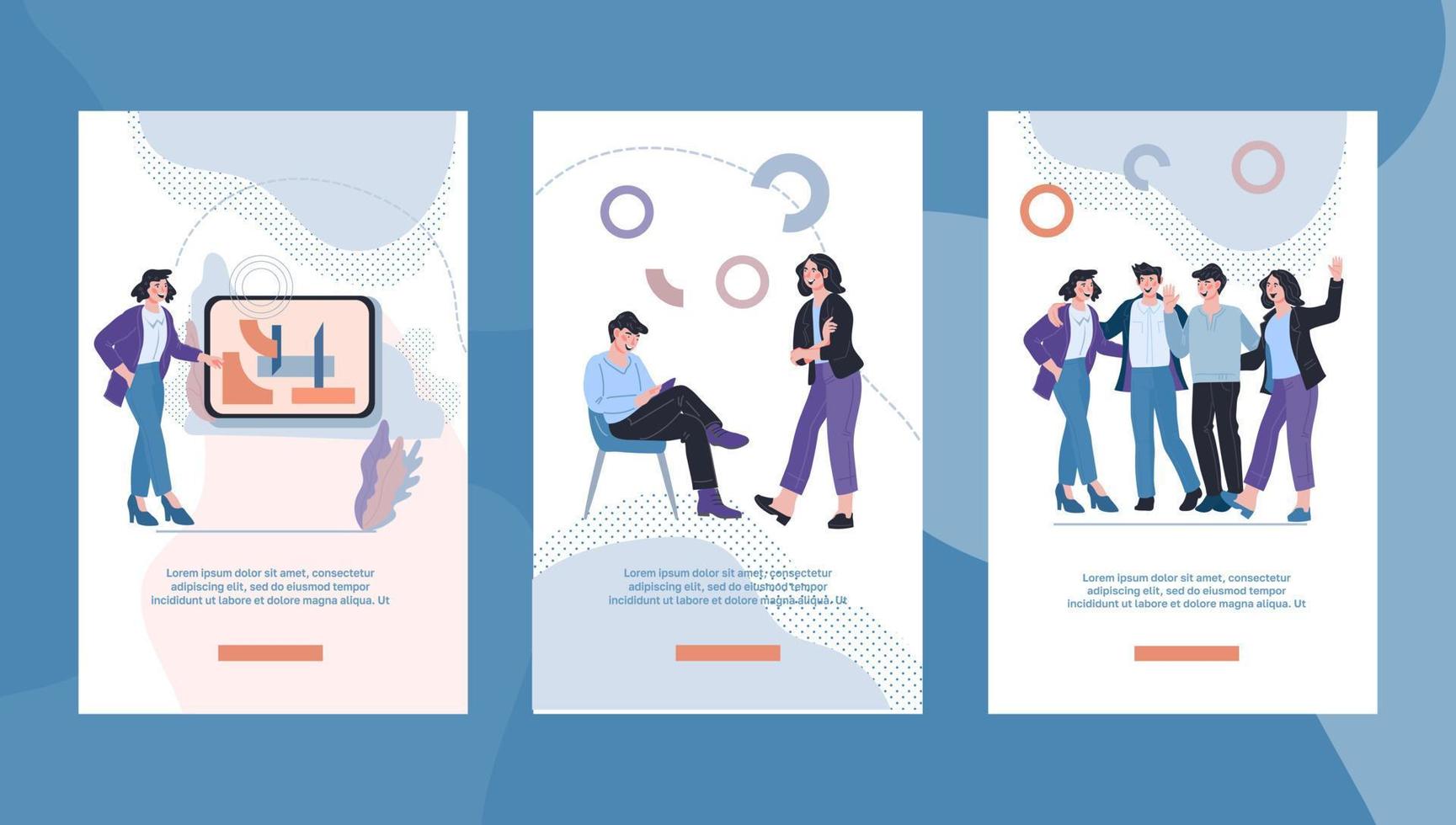 Webinar, podcast and online tutorial mobile page onboarding template set. Distance education and coaching, teaching and internet training application interface with people. Flat vector illustration.