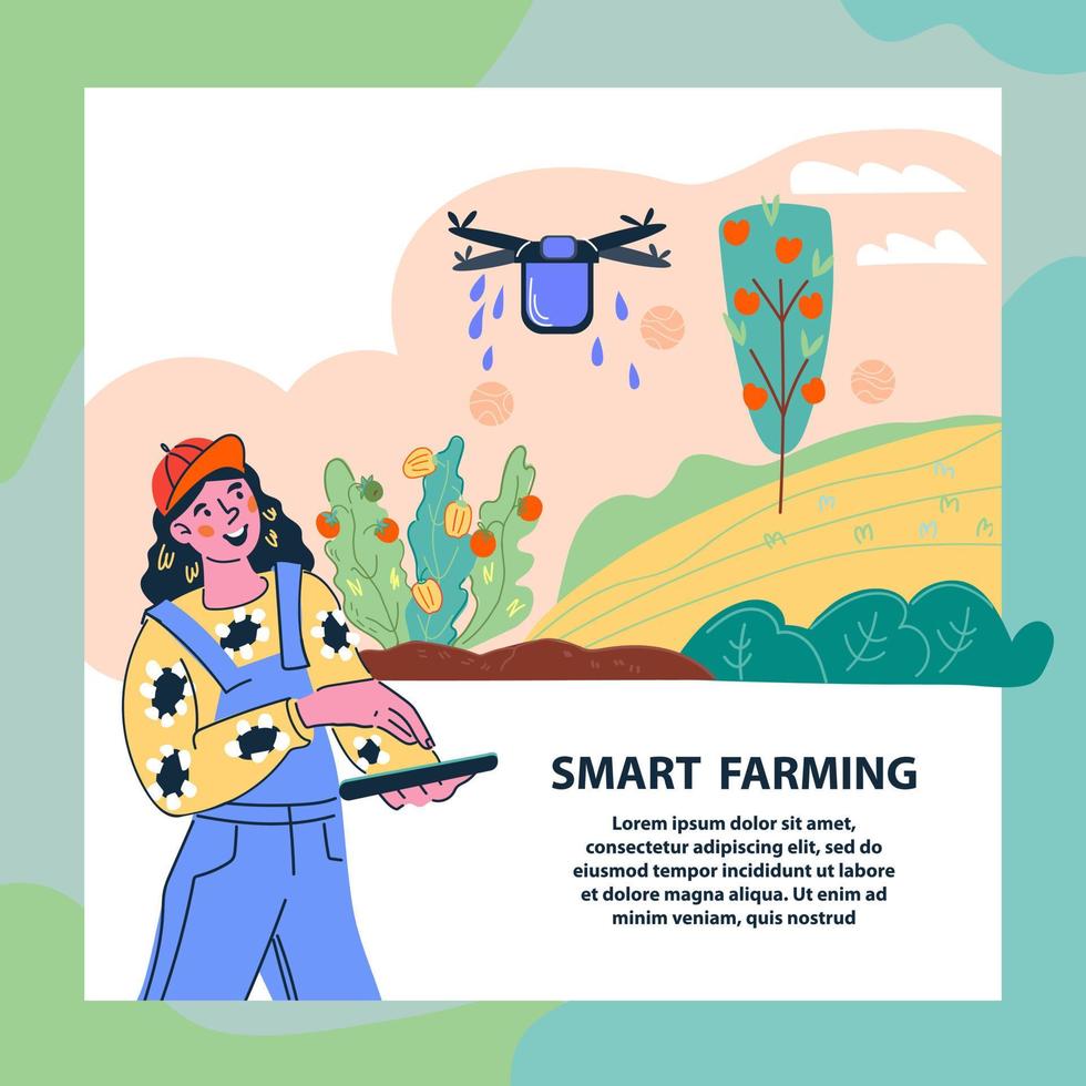 Smart farming banner template with woman farmer holding controller and drone flying over farm field. Agricultural wireless technology for plants growing and crop. Cartoon vector illustration.