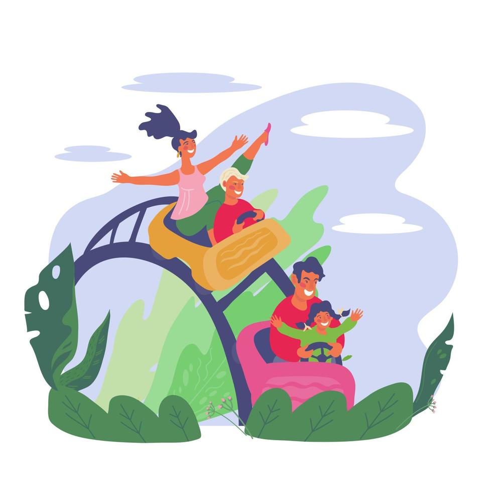 familia alegre con niños montando montaña rusa juntos en el parque de atracciones. Fondo de actividad de ocio y entretenimiento de verano con elementos del paisaje del parque. ilustración vectorial plana aislada. vector