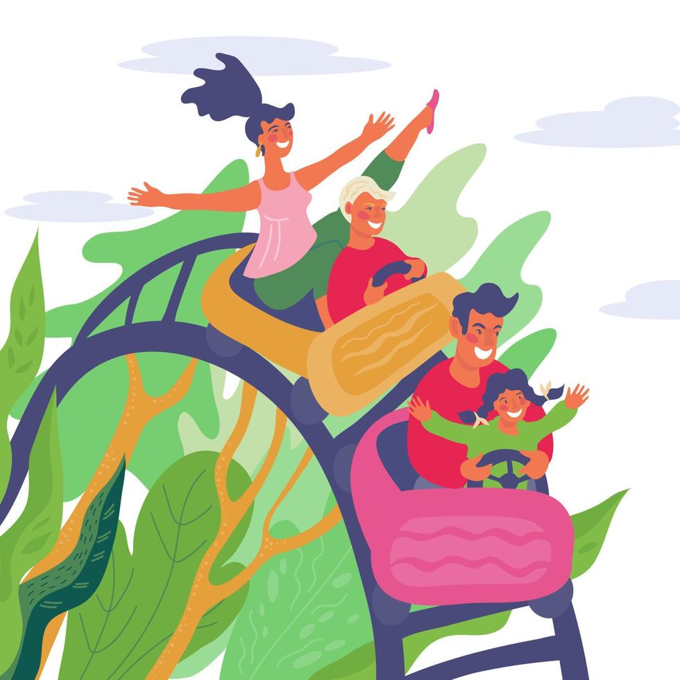 la familia se divierte en el parque de entretenimiento y monta juntos en la montaña rusa. mamá, papá e hijos en el parque de atracciones en tiempo de recreación. ocio activo y vacaciones. ilustración vectorial plana. vector