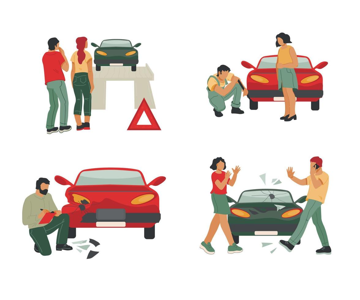 Car repair and insurance, roadside assistance or towing service set with people characters. Aid of repairman, automobile crash inspector or insurance agent. Flat vector illustration isolated.