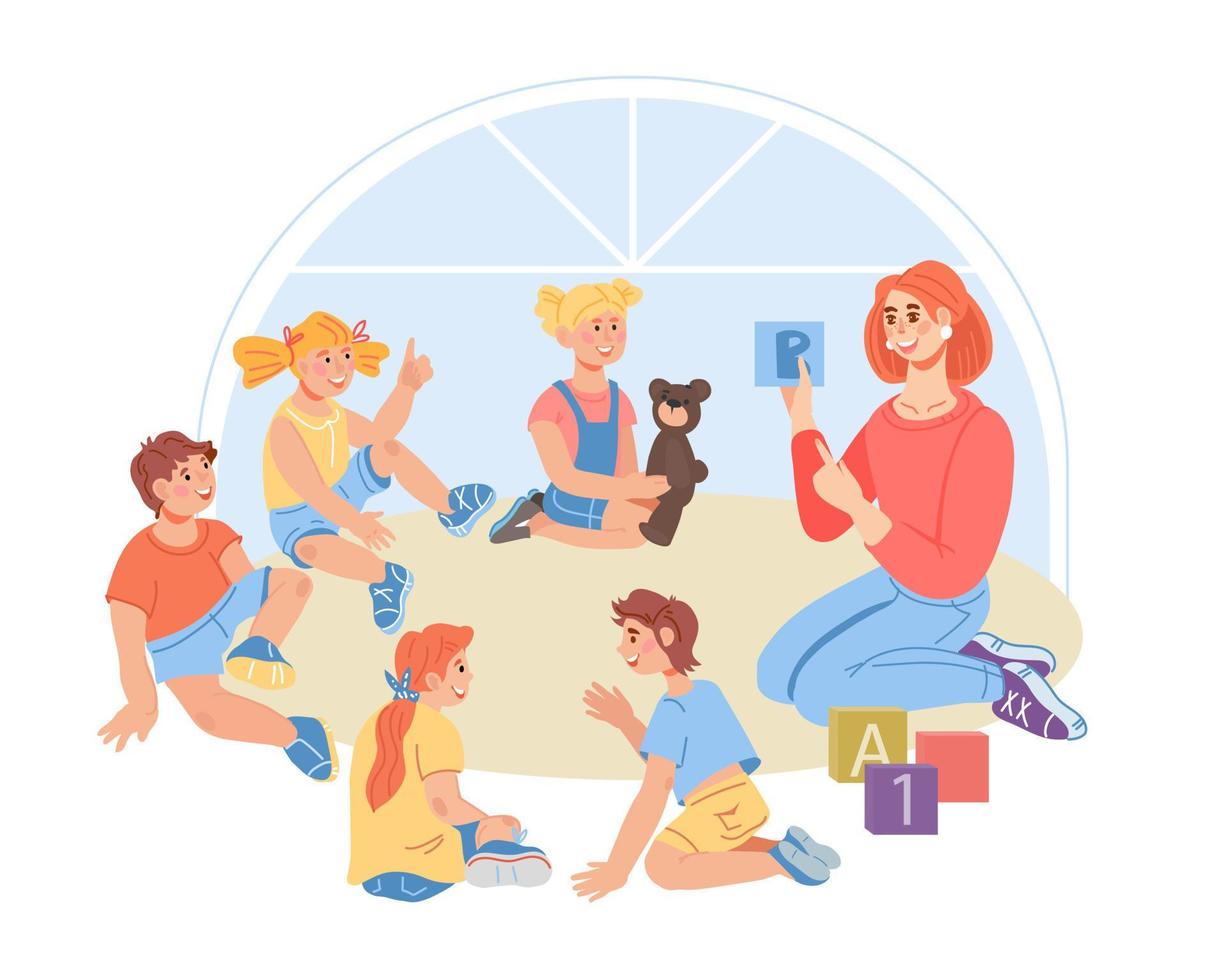 Kindergarten children group with teacher learning letters. Preschoolers at lessons sitting on floor and communicating. Children education and teaching in early age. Flat cartoon vector illustration.