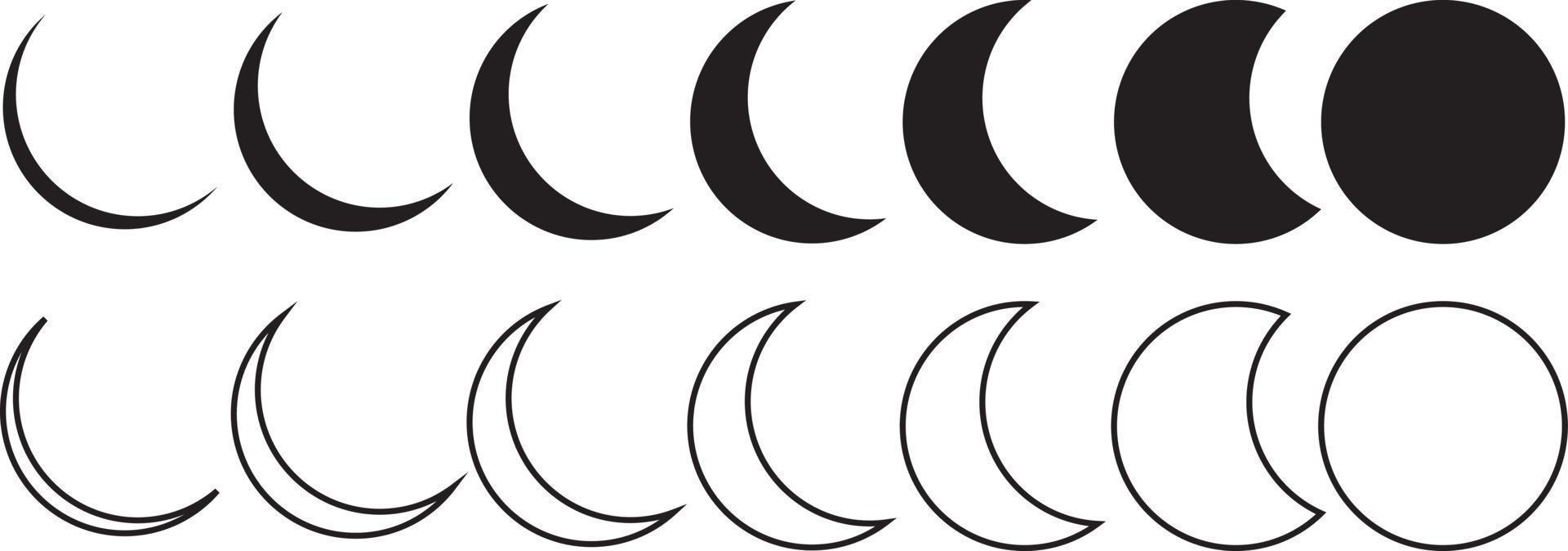 conjunto de símbolos de fase lunar. icono de media luna en el glifo. icono de la astronomía de las fases de la luna vector