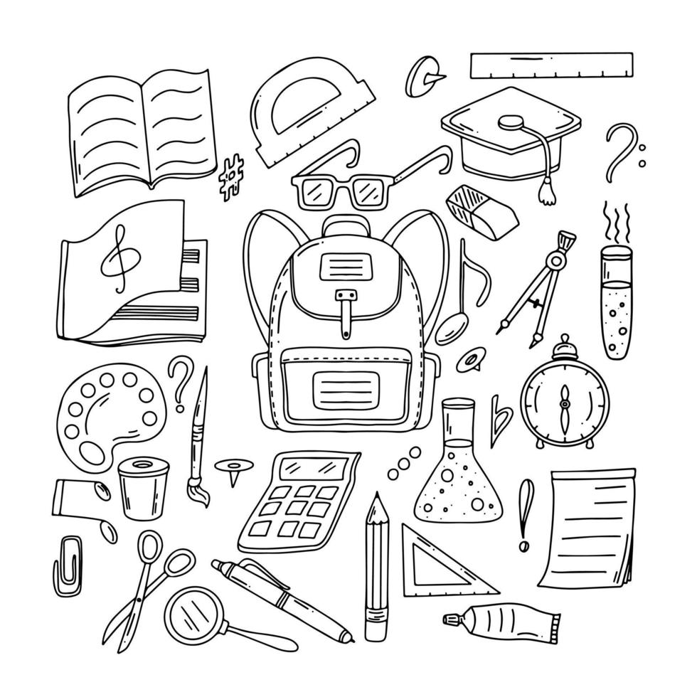 School, education concept. Back to school elements in hand drawn doodle style. Vector illustration.