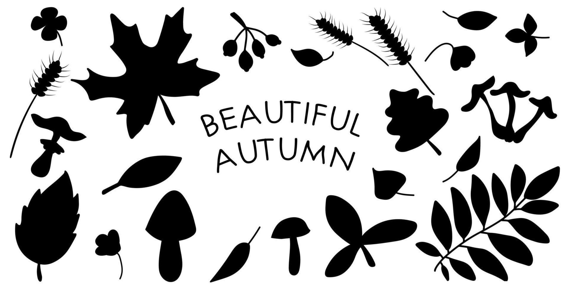 Black autumn leaves silhouettes isolated on white background. Big set of vector fall tree foliage of maple, oak, birch, some berries and mushrooms.