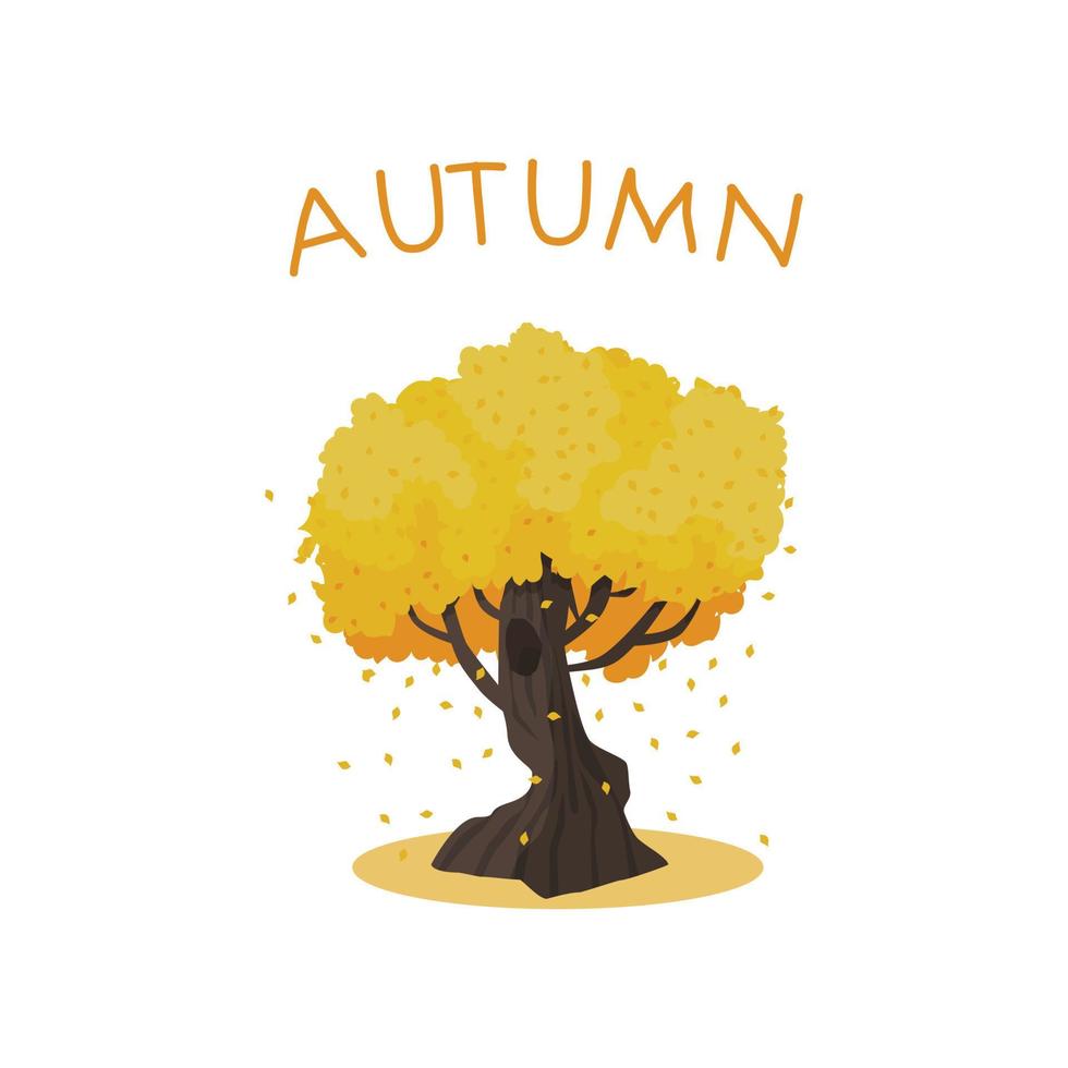 Huge autumn tree with large trunk. Yellow and orange falling leaves isolated on white background vector illustration. Fall foliage.