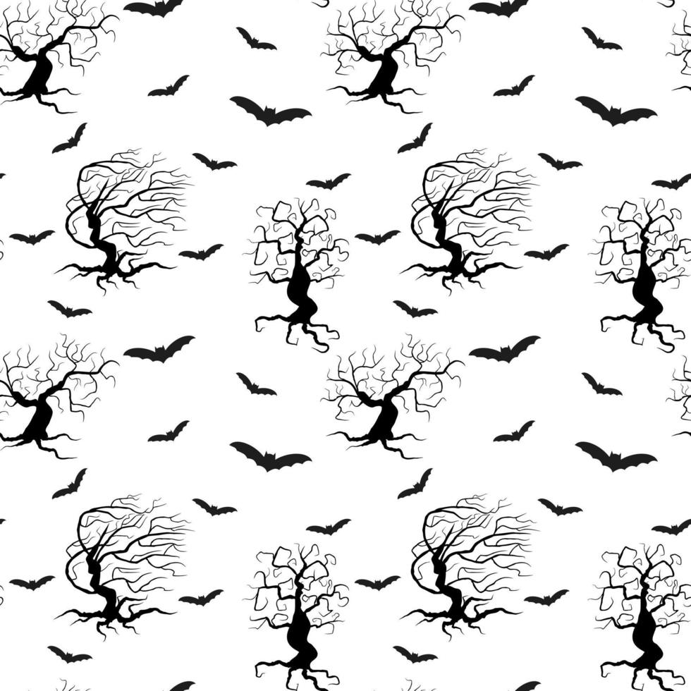 Spooky trees seamless pattern isolated vector illustration. Black silhouettes of plants and bats on a white background. Halloween endless repeated print.