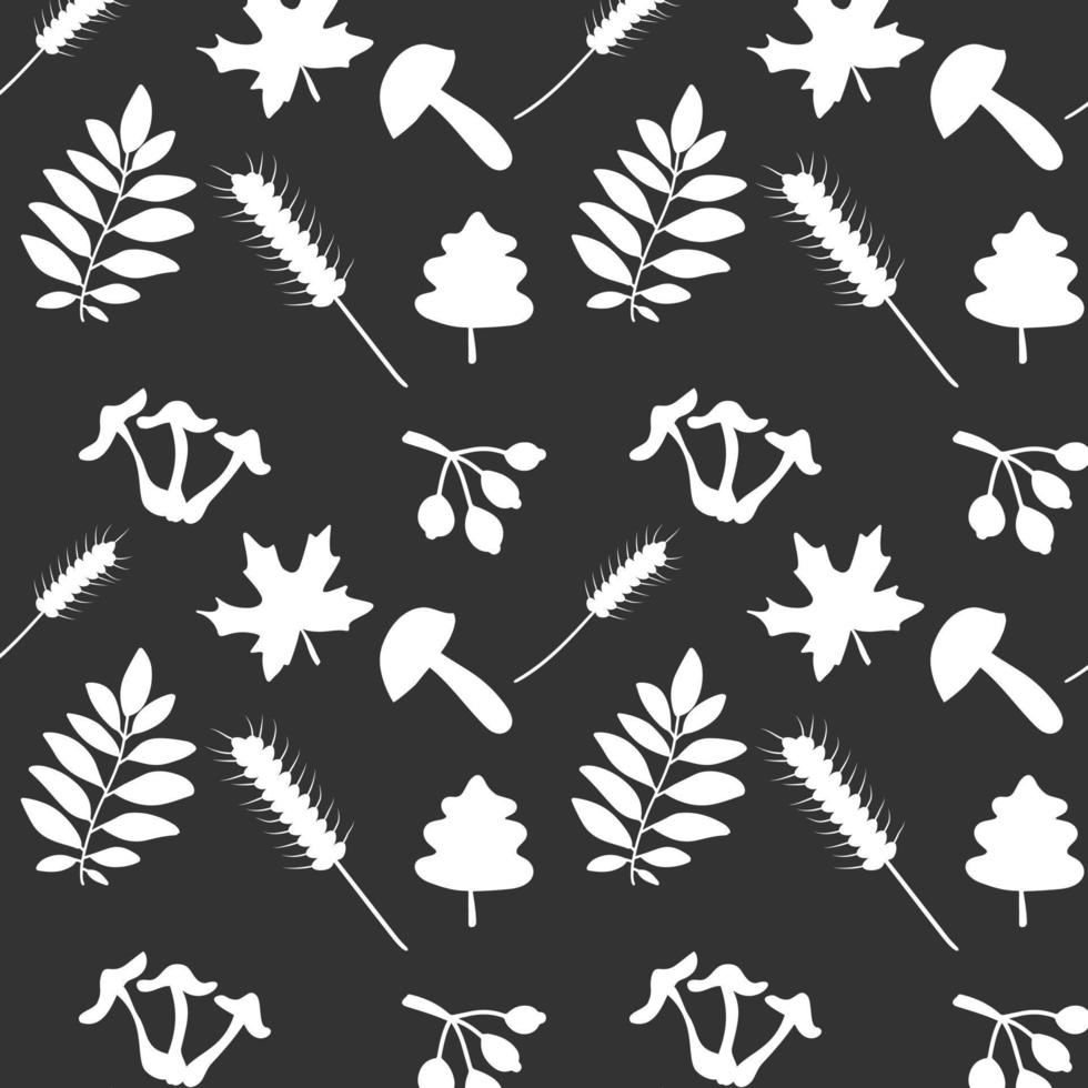 White autumn elements seamless pattern isolated on black background. Leaves, mushrooms wheat endless repeated print. vector
