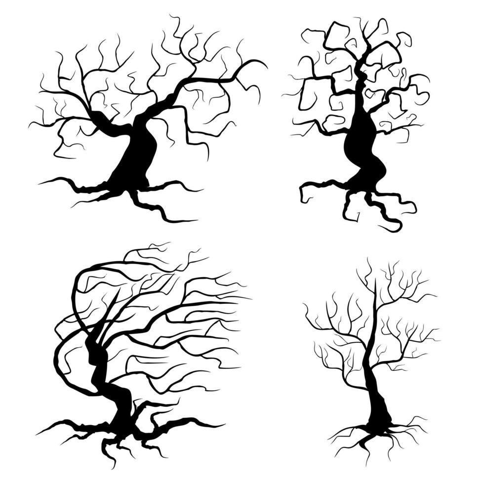 árboles espeluznantes establecen ilustración vectorial. colección de plantas negras de Halloween aisladas sobre fondo blanco. vector