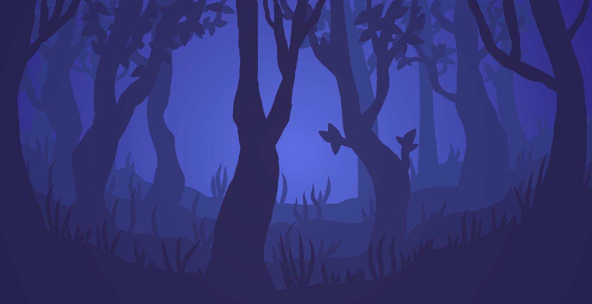 Dark foggy forest vector illustration. Spooky trees at night. Scary woody landscape.