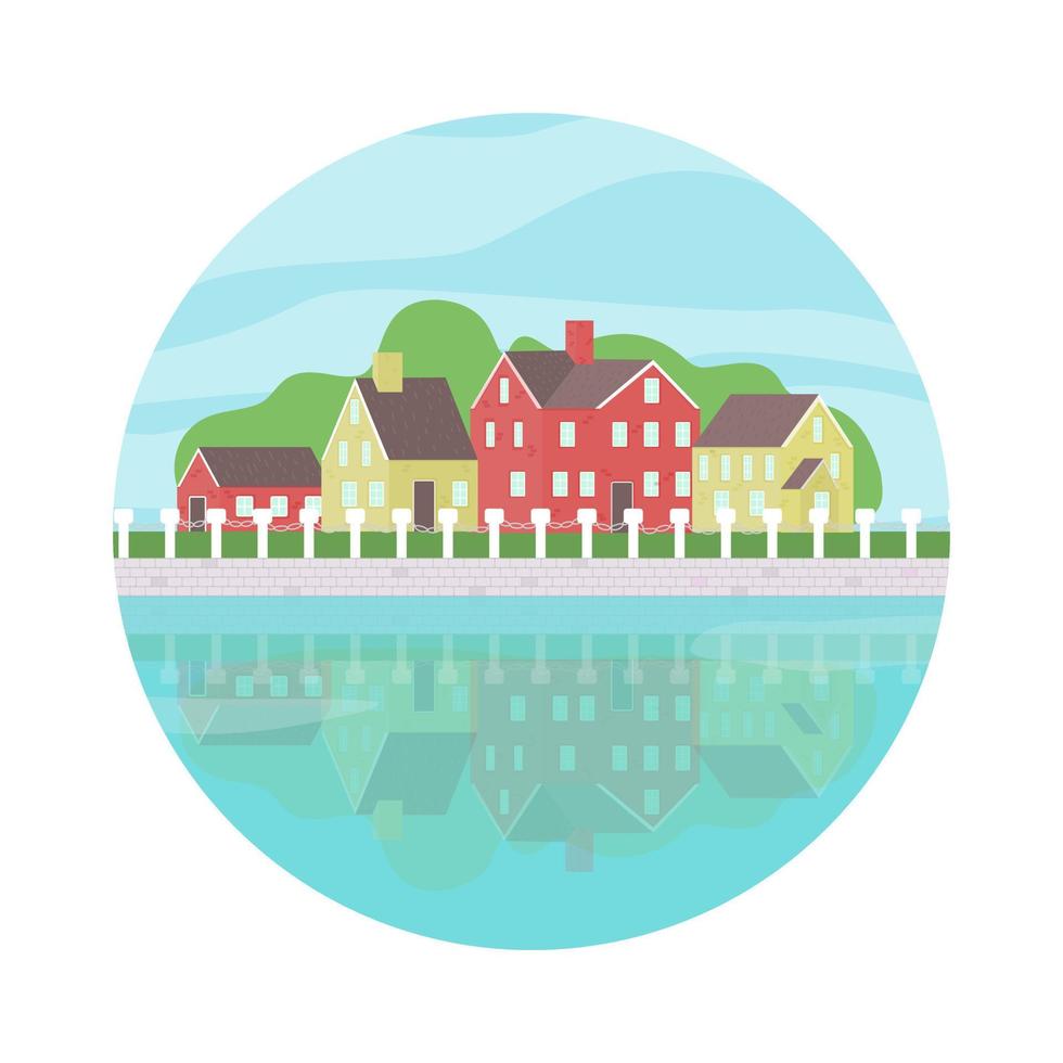 Town landscape with bright houses and river vector