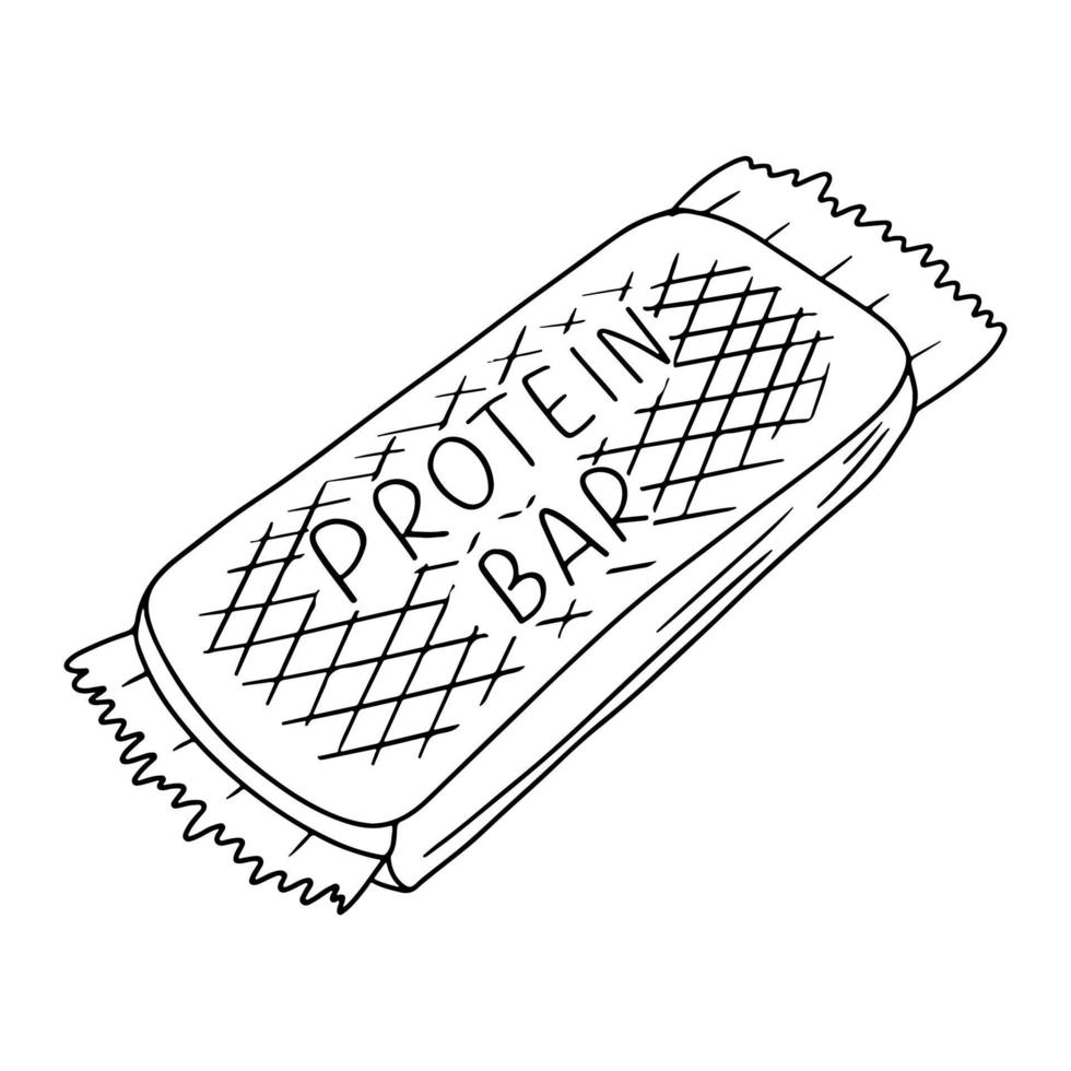 Energy sport snack in hand drawn doodle style. Organic candy sweets. Protein bar in linear style. Simple illustration in flat line style. vector