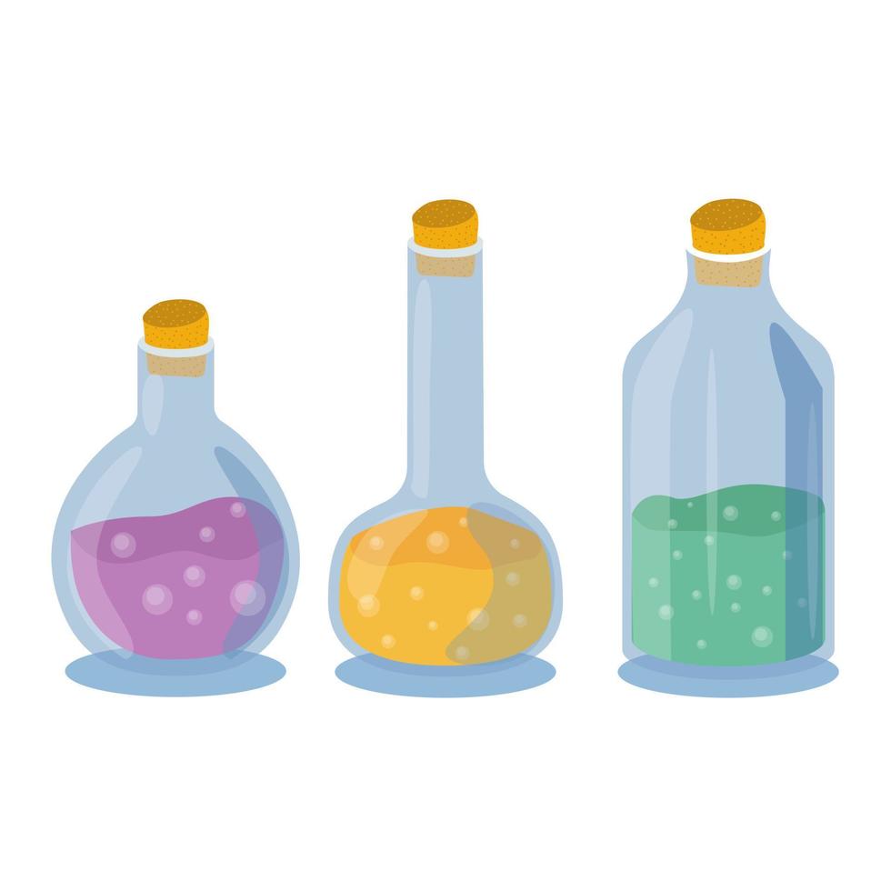 Magic potion bottle icons set isolated on white background vector illustration. Glass corked vials with liquid. Witch magical elixir and chemical poisons.