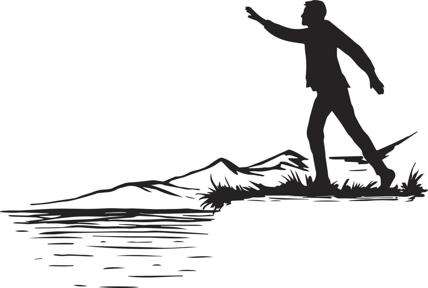 silhouette of a businessman reaching out the goal on a river with mountains vector