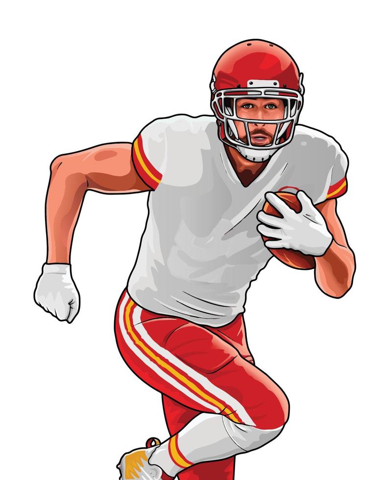 imagen vectorial del fútbol americano, jugador de rugby corriendo con la pelota en uniforme blanco rojo completo con casco. arte vexel vector