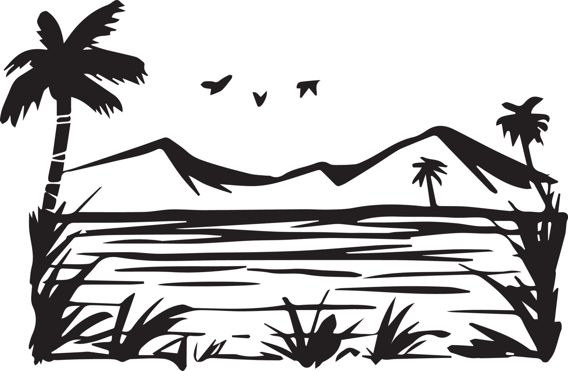 black and white line art a river landscape with lots of trees