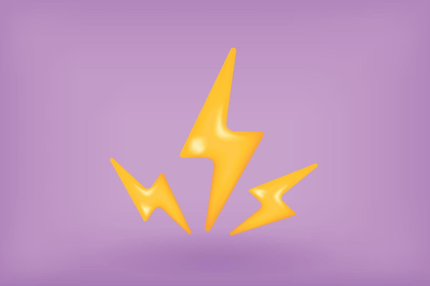 Power 3d vector icon, flash of yellow lightning. Minimal cartoon rendering illustration of bolt on purple background