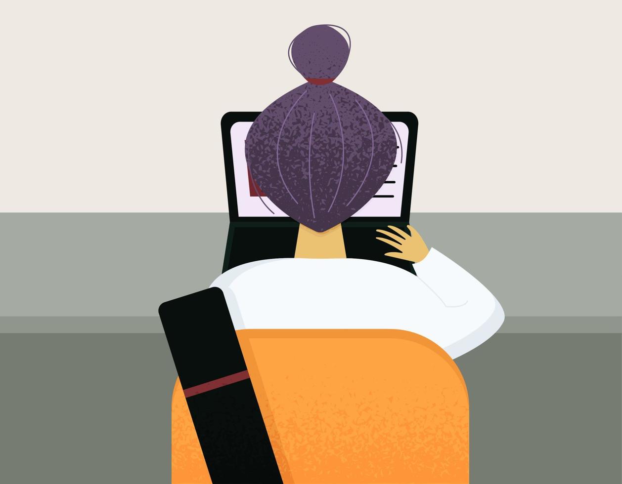 Girl sitting at the table, works on a computer. Rear view of student, pupil or business woman. Vector illustration