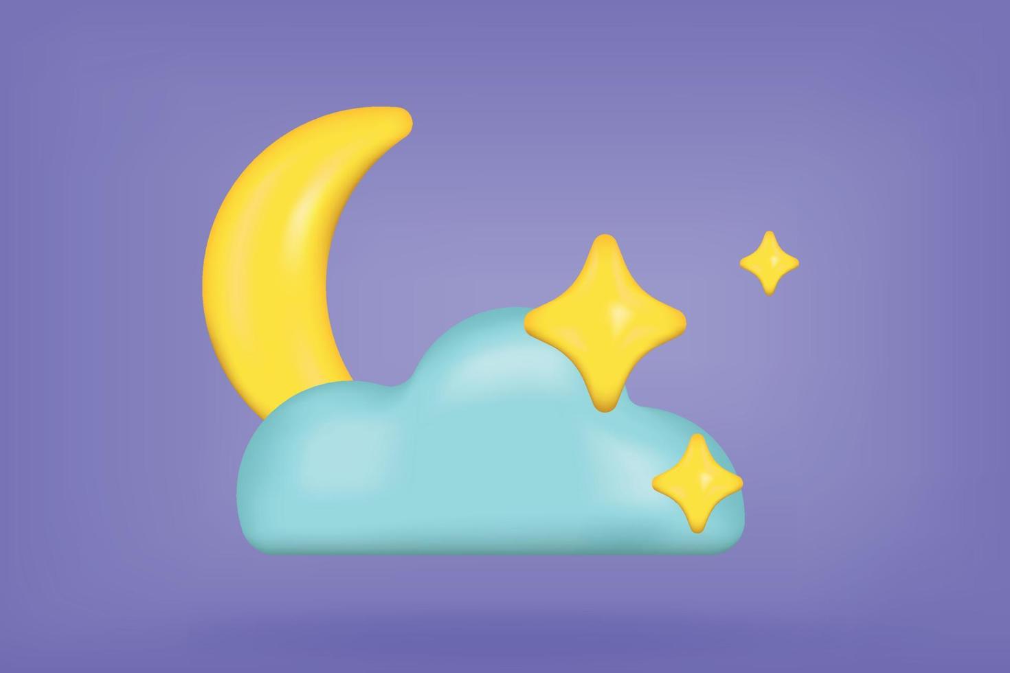 3d Crescent moon, golden stars and cloud isolated on purple background. Dream, lullaby, dreams background design. 3d rendering. Vector illustration