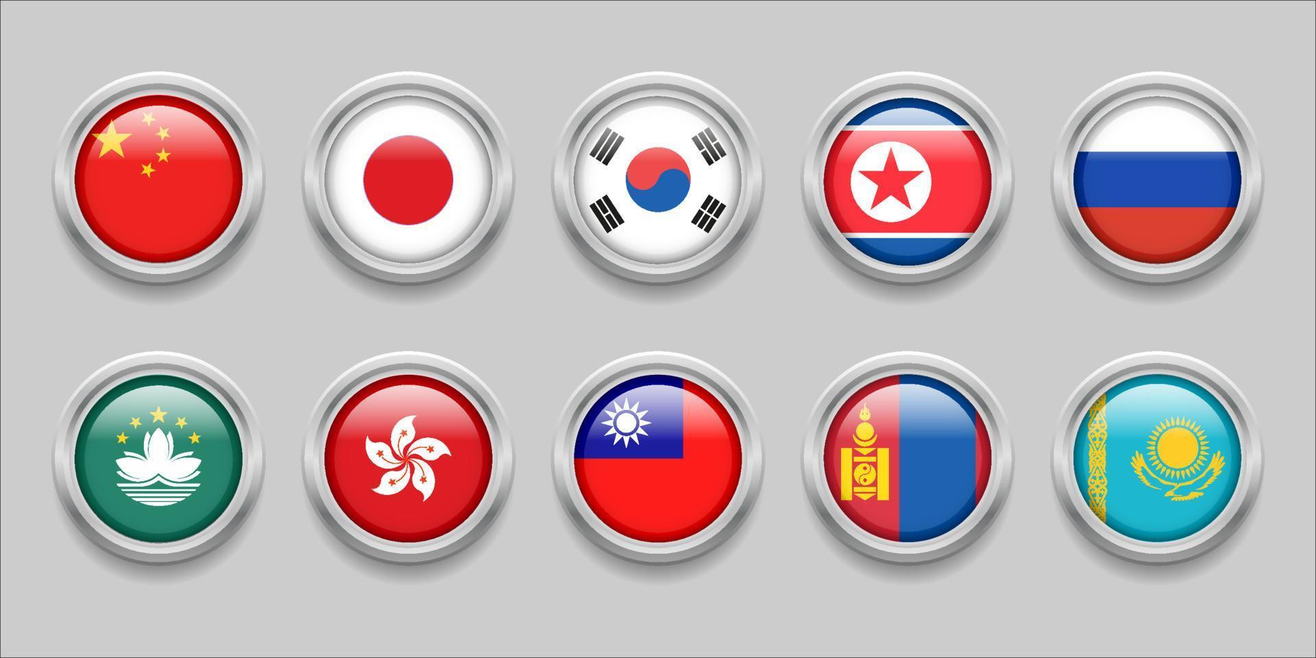 banderas de asia del norte establecer colección bandera redonda 3d, bandera de insignia, china, mongolia, corea del norte, corea del sur, japón, hong kong, taiwán, macao, kazajstán, rusia vector