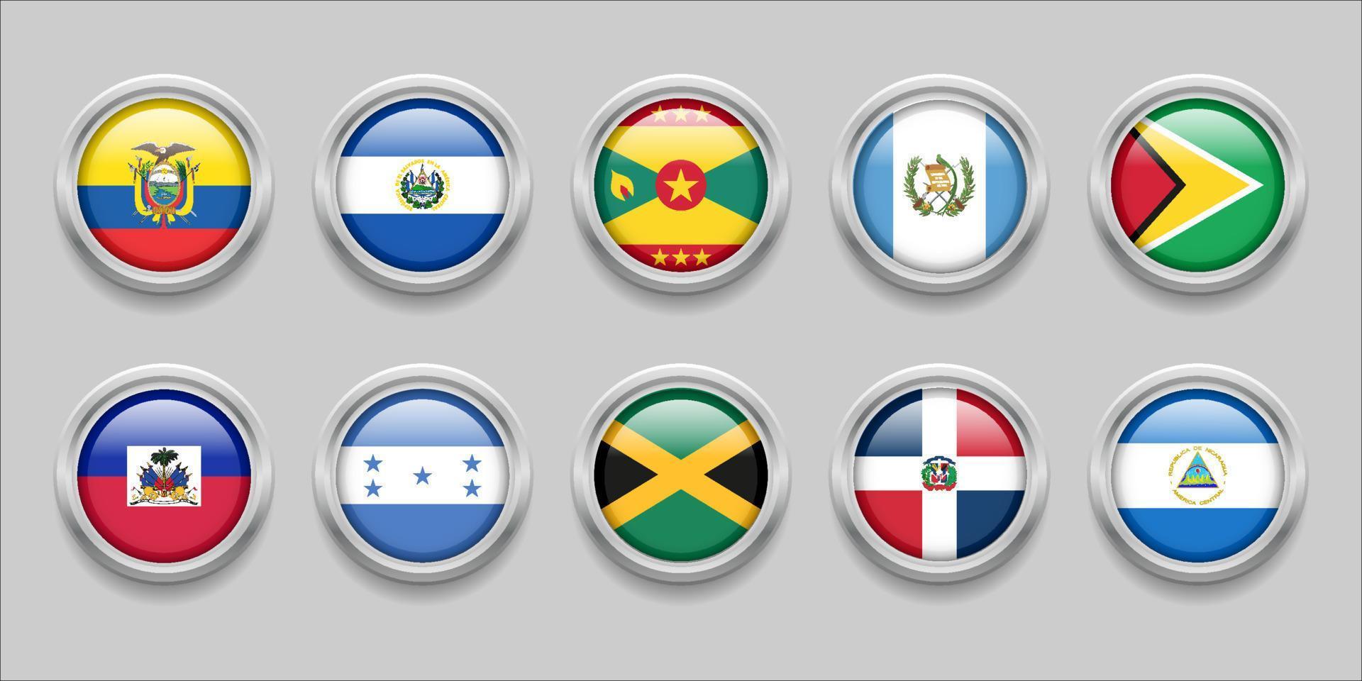 America Continent Flags Set Collection 3D round flag, badge flag, Ecuador, El Salvador, Grenada, Guatemala, Guyana, Haiti, Honduras, Jamaica, Republic, Dominica, Nicaragua vector