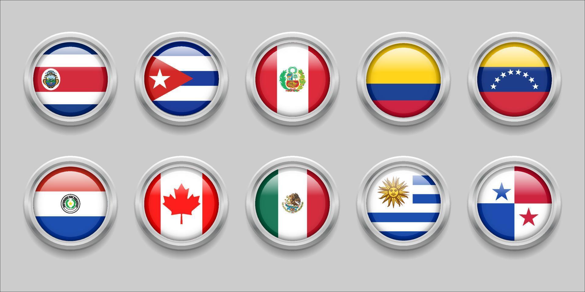 America Continent Flags Set Collection 3D round flag, badge flag, Costa Rica, Cuba, Mexico, Canada, Colombia, Panama, Paraguay, Peru, Uruguay, Venezuela vector