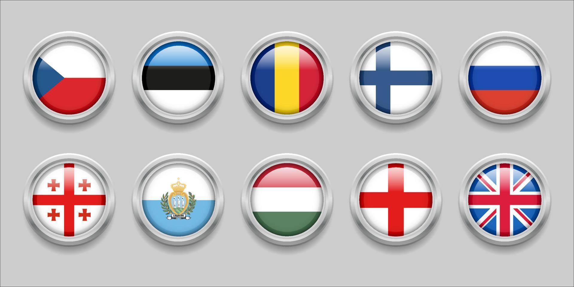 Europe Round Flags Set Collection 3D round flag, badge flag, Cekoslowakia, Estonia, Romania, finland, Russia, Georgia, San Marino, Hungaria, England, great britain vector