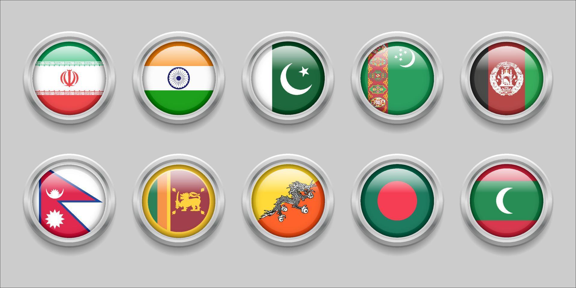 SOUTH ASIA Flags Set Collection 3D round flag, badge flag, Sri Lanka, Bangladesh, India, Afghanistan, Pakistan, Bhutan, Nepal, Iran and Maldives, Turkmenistan vector