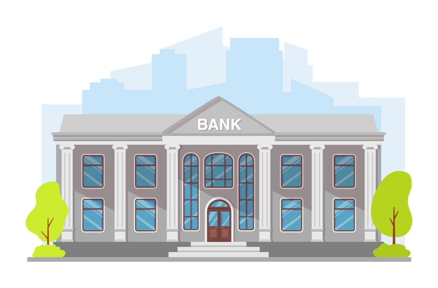 fachada del edificio del banco.edificio del gobierno de dibujos animados.palacio de justicia con columnas romanas.ilustración plana vectorial.aislado sobre fondo blanco.casa de préstamo de dinero. vector