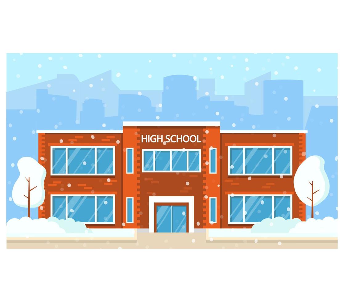Winter high school building.Education concept.Vector flat illustration. vector