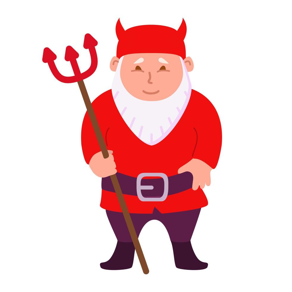 halloween gnome.vector ilustración plana.aislado sobre fondo blanco.el hombre en un traje en un traje de diablo con un tridente. vector