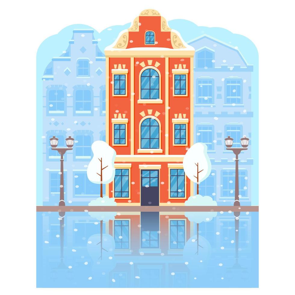 Winter cityscape in snow Amsterdam.Christmas town building.European city ancient architecture.Reflection of houses in river.Vector flat illustration. vector