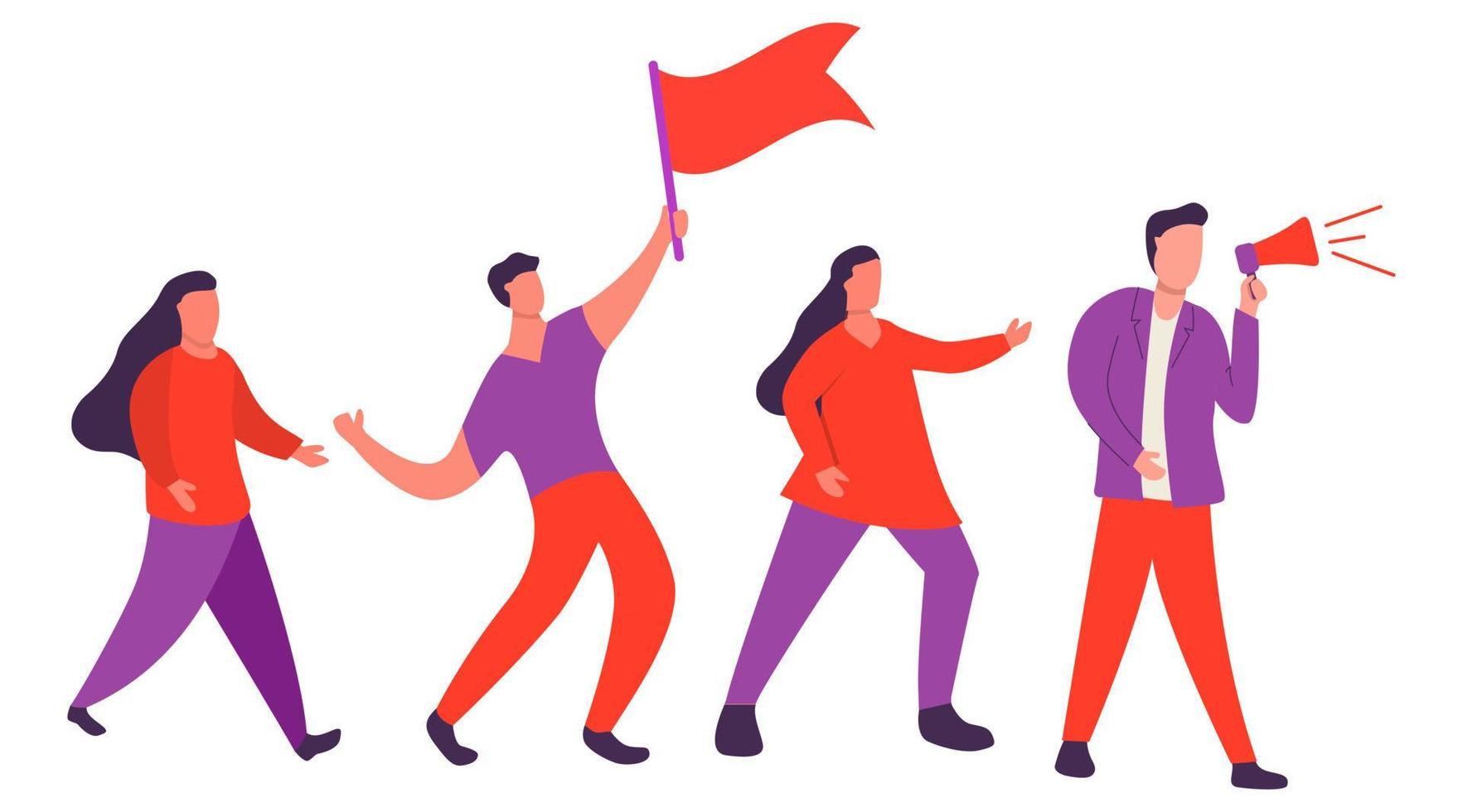 The rally is a political demonstration.Young guy with a flag. A man with a loudspeaker. A woman and a girl at a rally. Cartoon characters Isolated on a white background. Vector flat illustration.