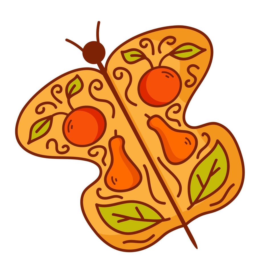 una mariposa dibujada a mano con un patrón de manzanas y peras.aislado sobre fondo blanco. ilustración de vector de arte de línea.