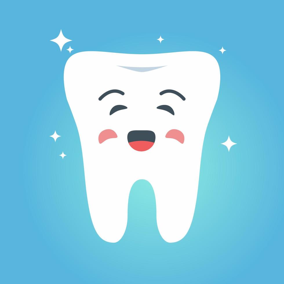 Cartoon smiling tooth.Healthy tooth icon.Oral dental hygiene.Vector flat illustration.Oral care.Isolated on a blue background. vector