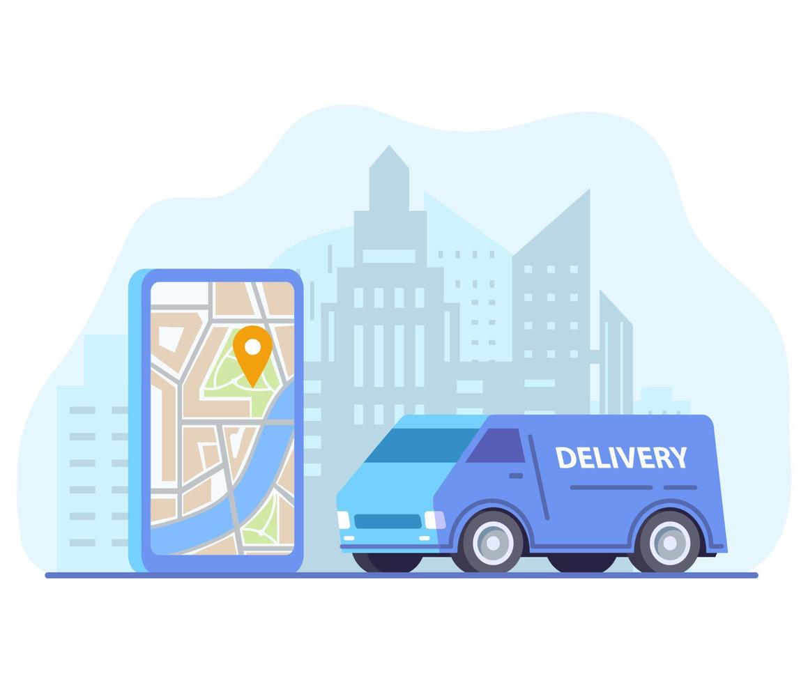 Online delivery phone.Online order tracking with map.Delivery service app on smartphone. City skyline cargo van.Vector flat illustration. vector