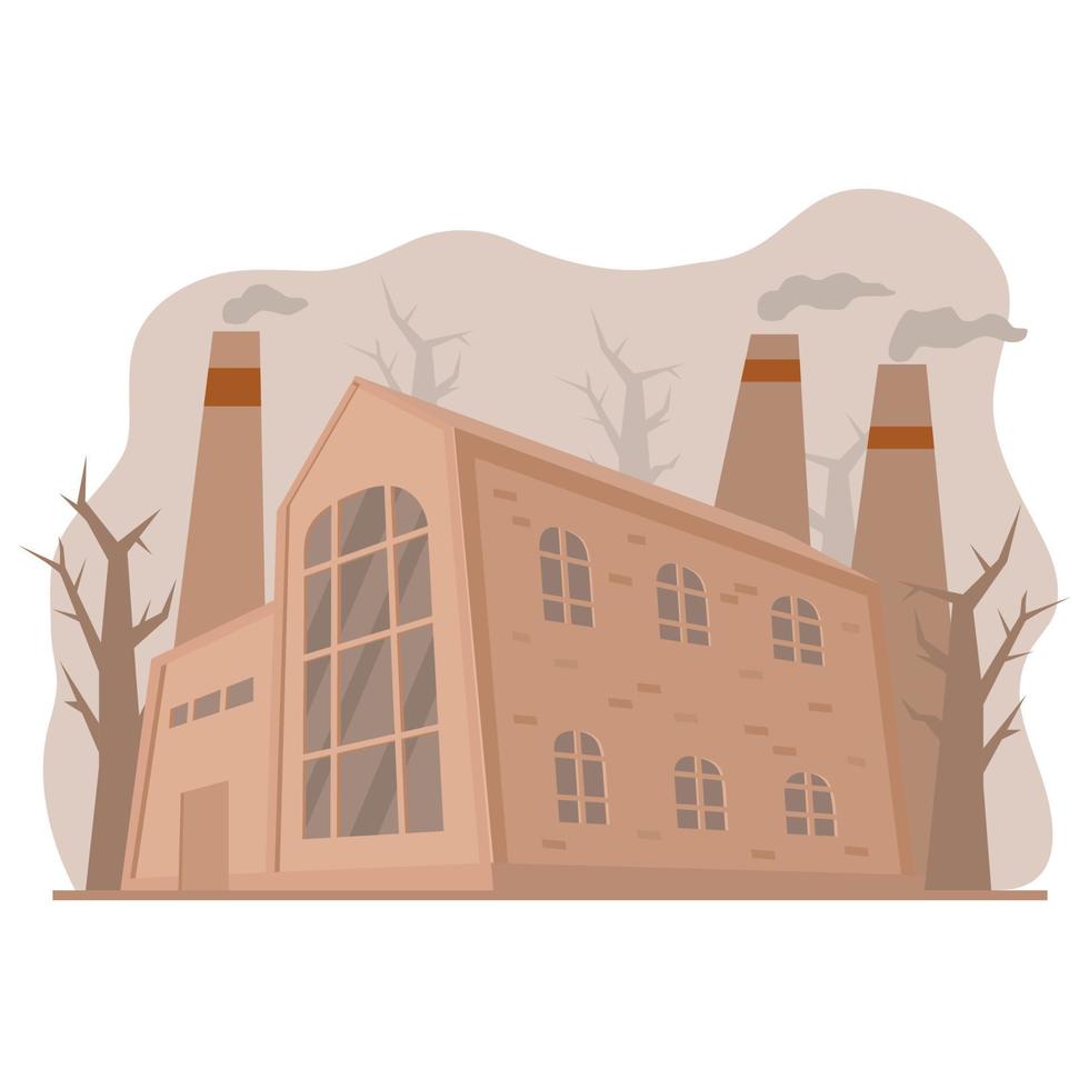 Old factory in perspective view. Air chimney pollution with smoke. Dioxide emissions.Vector cartoon style.Toxic factories building. vector