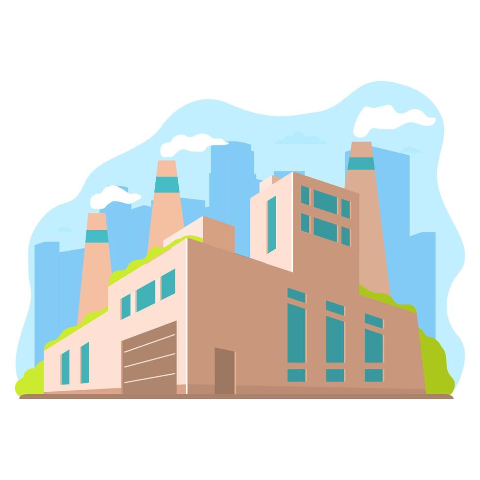 Industrial factory in perspective view. Facade manufacturing  building.Eco factory concept. Vector cartoon style. City silhouette.
