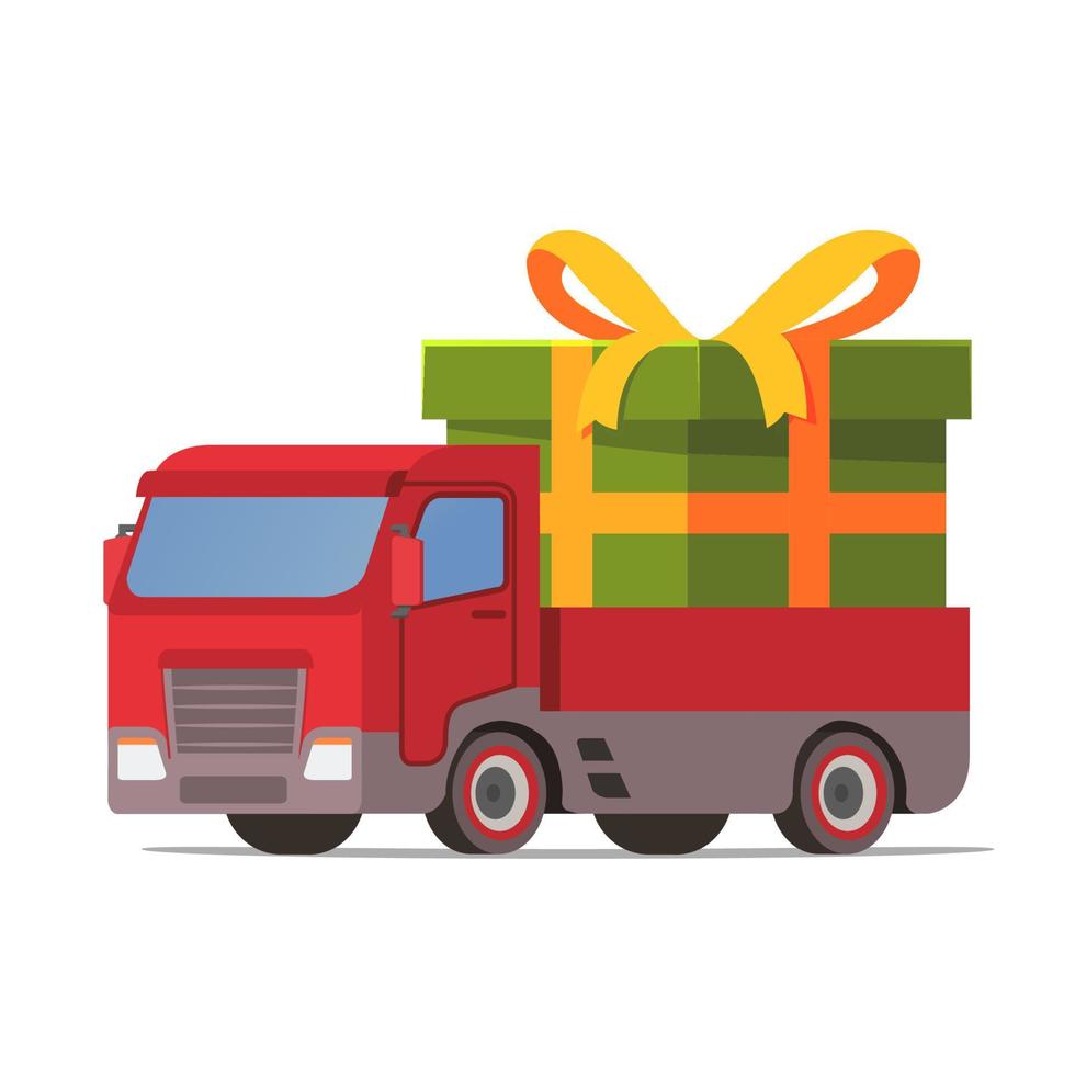 Semi truck with green gift box.Tied gold ribbon bow.Car front view.Vector realistic illustration.Isolated on a blue background. vector
