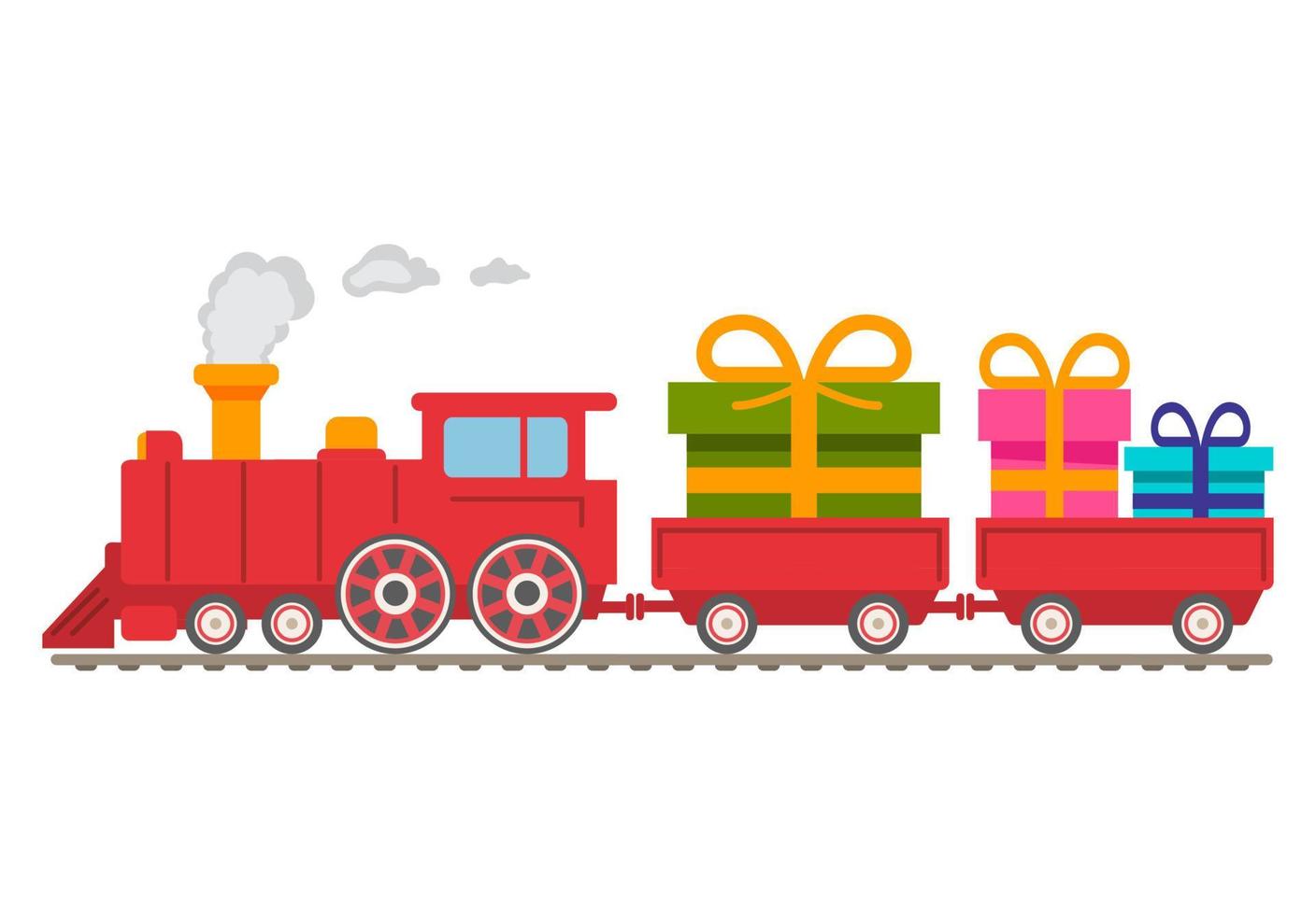 locomotora de vapor roja de navidad con vagones con regalos. regalos de vacaciones de invierno. ilustración plana de vector. .tren retro entrega ferrocarril presente.aislado sobre fondo blanco. vector