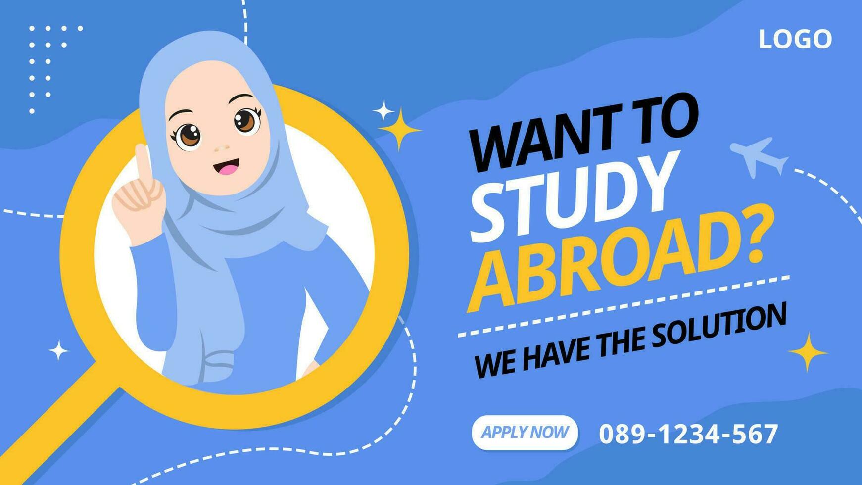 Study abroad social media post template with hijab flat illustration vector